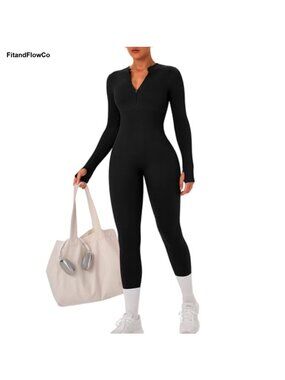 Ribbed Long Sleeve Zip Up Workout Jumpsuit with Thumb Holes Tummy Control